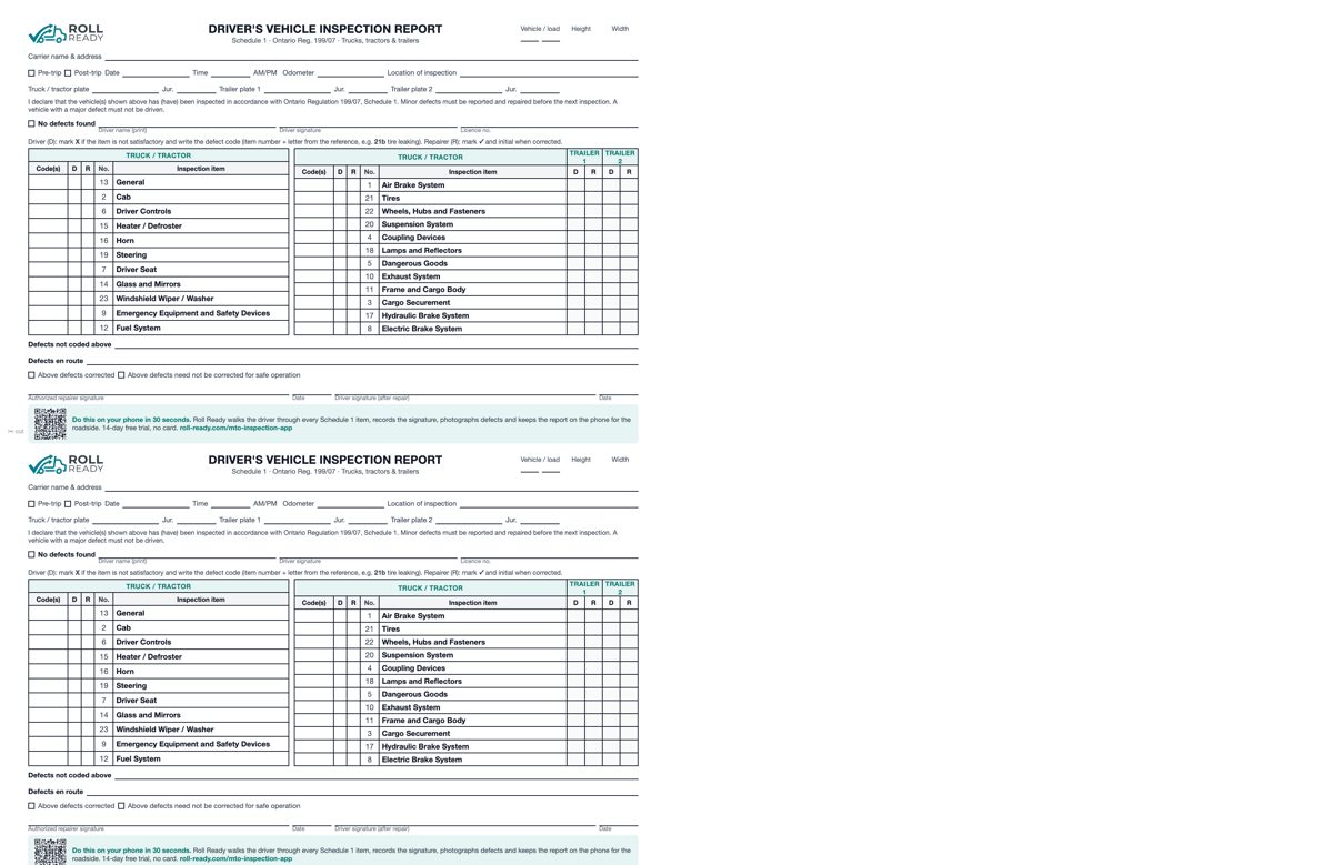 Roll Ready Schedule 1 daily inspection checklist, page 1